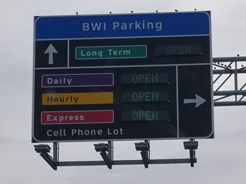 Overhead sign displaying parking options at BWI Marshall Airport.