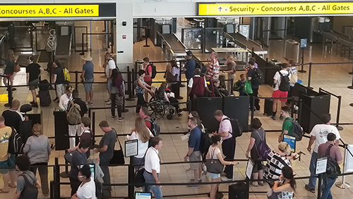 Overhead view of passengers at Security Checkpoint B at BWI Marshall Airport. 